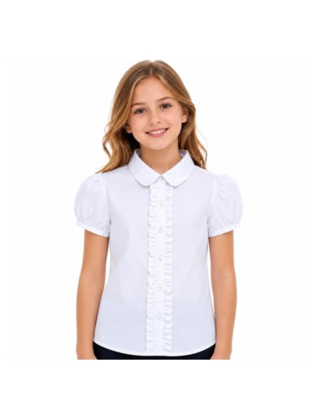 Girls School Uniform Blouse Ruffle Front Puff Short Sleeve Cotton